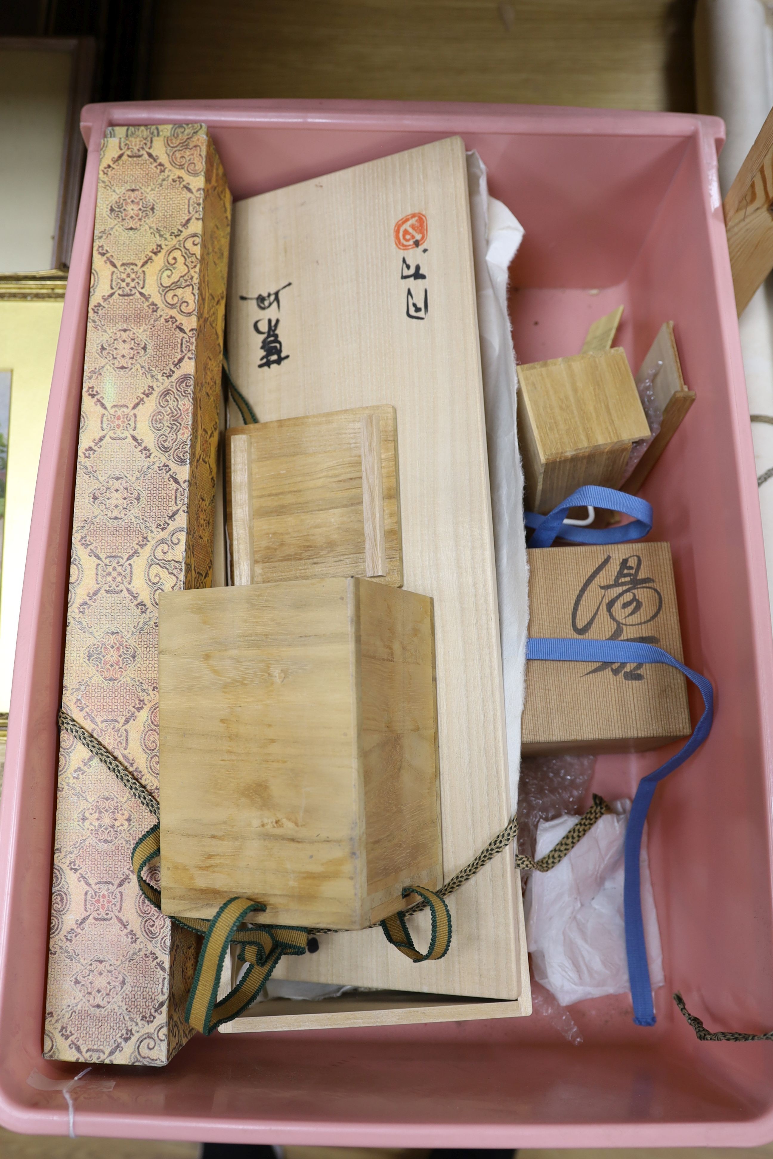 A quantity of various scrolls (faded pink, unreadable), and two Japanese studio ceramic pots, tallest 12cm.